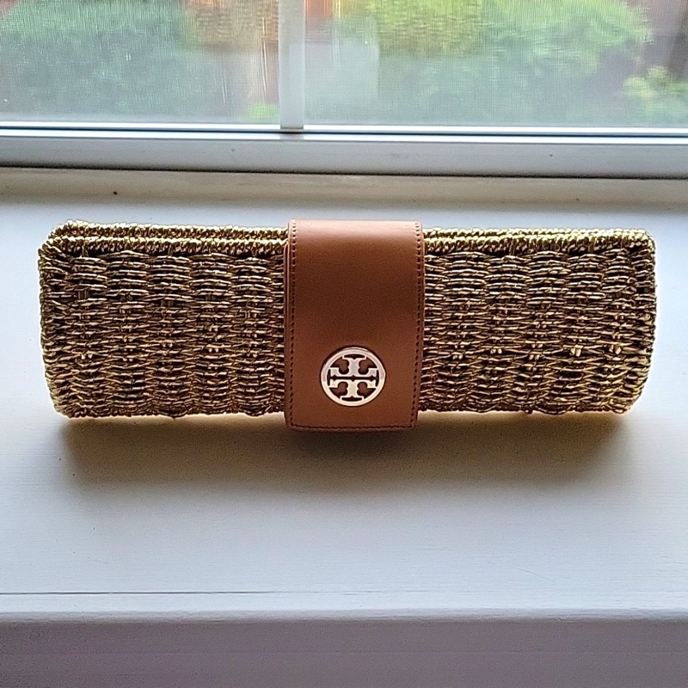 Tory Burch Gold & Tan Straw Clutch